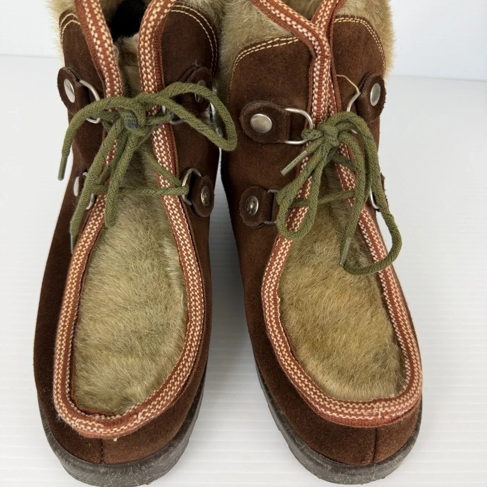 Vintage Made in Italy Brown Suede Faux Fur Apres Ski Boots Womens 9 Lug Sole‎